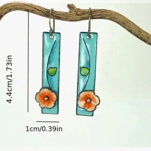 Boho Rectangle Turquoise Silver Dangle Earrings With Flower